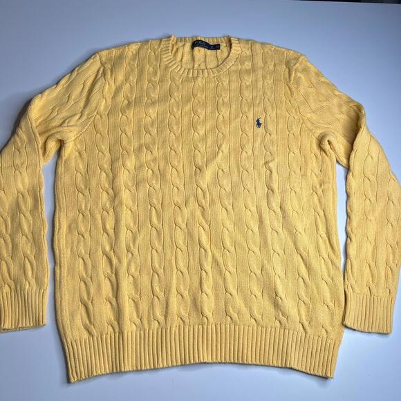 Polo Ralph Lauren Cable Knit Sweater LT Large Tall Yellow Cotton Crewneck Pony L